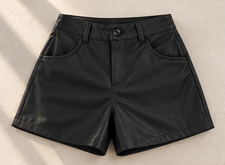 Shorts Couro Eco preto, vista frontal, com botão, passantes e dois bolsos frontais